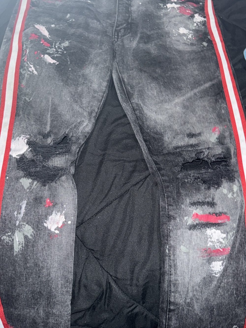 Men's Distressed Black Paint-Detail Jeans with Red Side Stripe